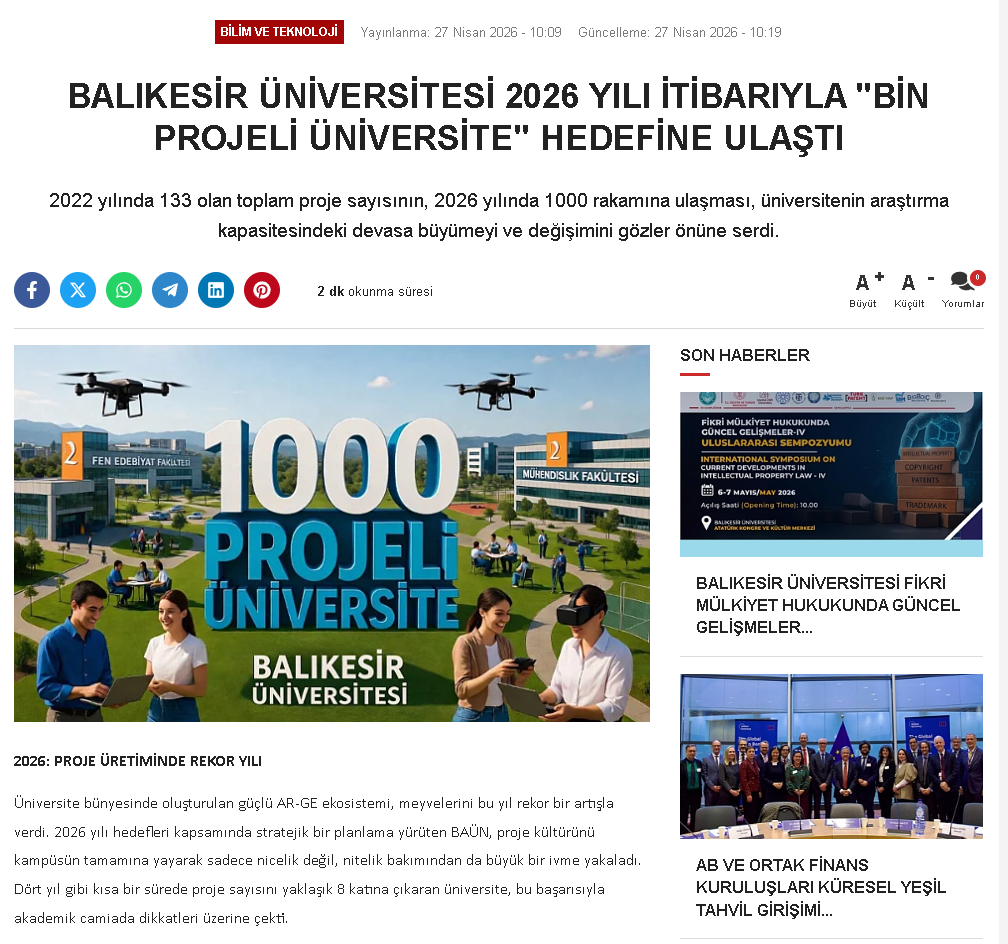BALIKESİR ÜNİVERSİTESİ 2026 YILI İTİBARİYLE  "BİN PROJELİ ÜNİVERSİTE " HEDEFİNE ULAŞTI