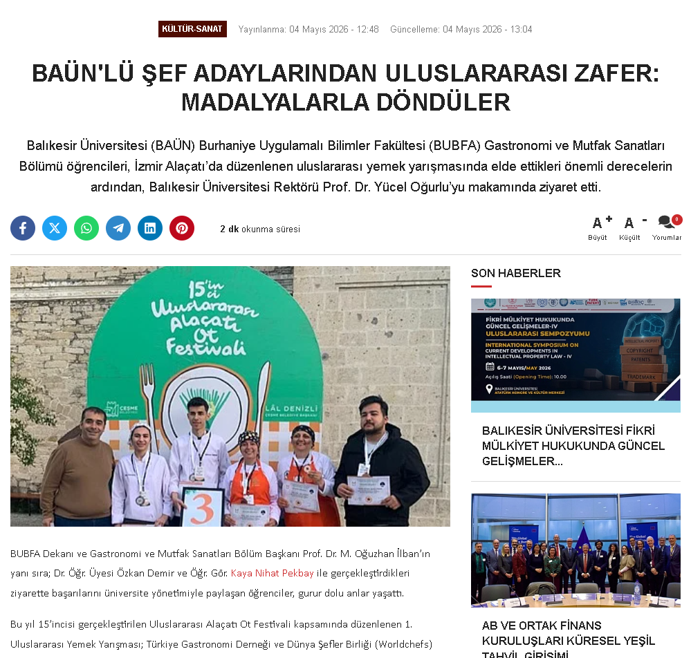 BAÜN'LÜ ŞEF ADAYLARINDAN ULUSLARARASI ZAFER: MADALYALARLA DÖNDÜLER