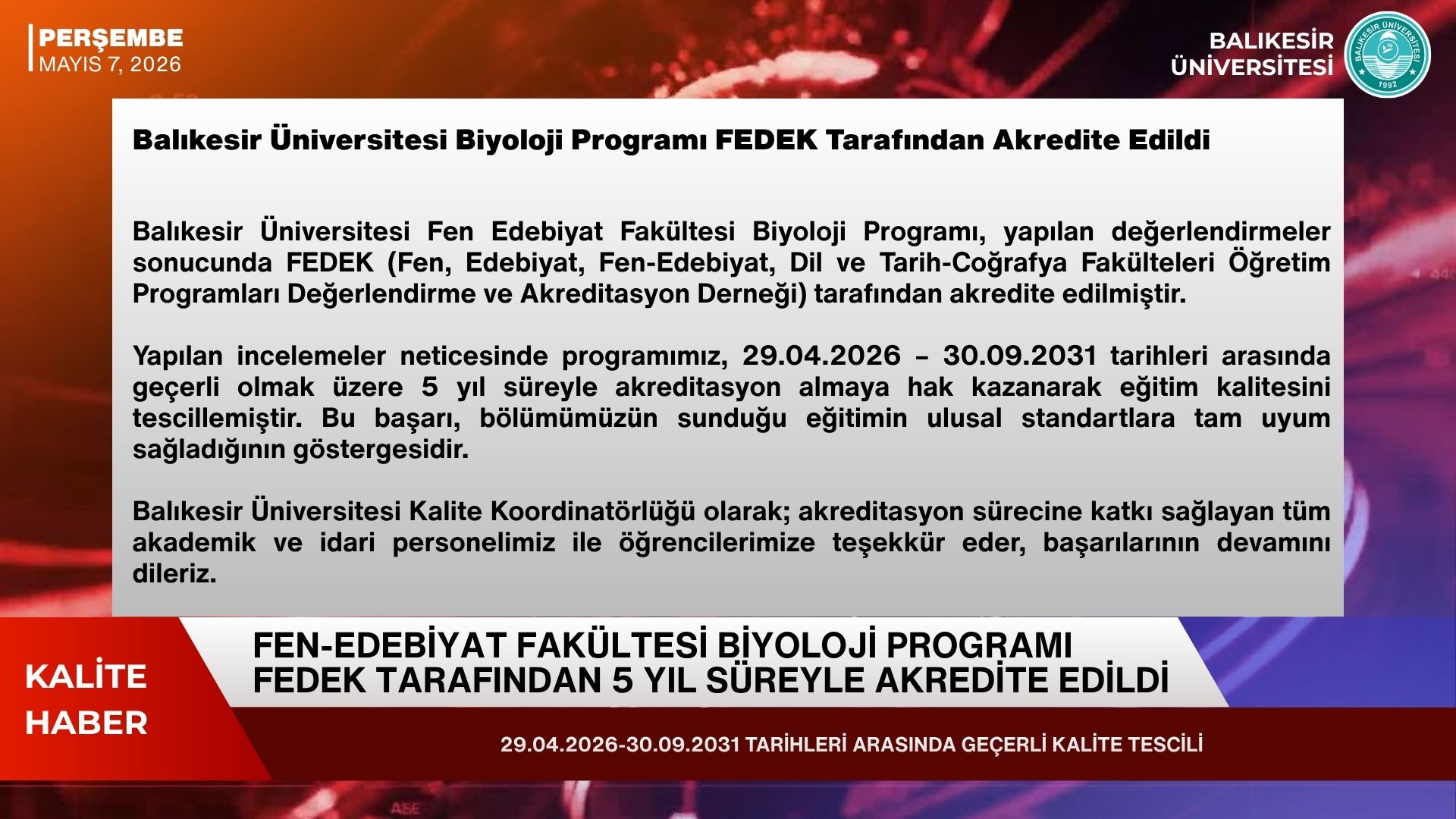 BAÜN FEF Biyoloji Programı FEDEK Tarafından Akredite Edildi 2