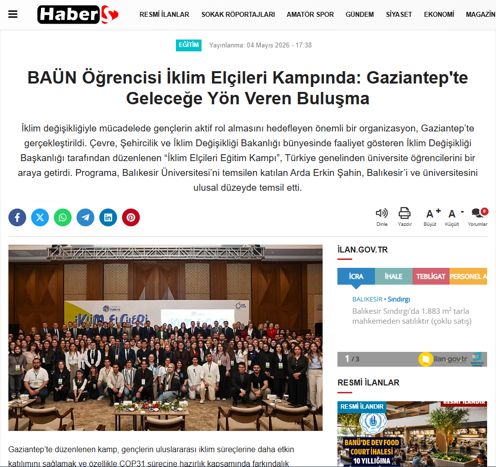 BAÜN Öğrencisi İklim Elçileri Kampında: Gaziantep'te Geleceğe Yön Veren Buluşma