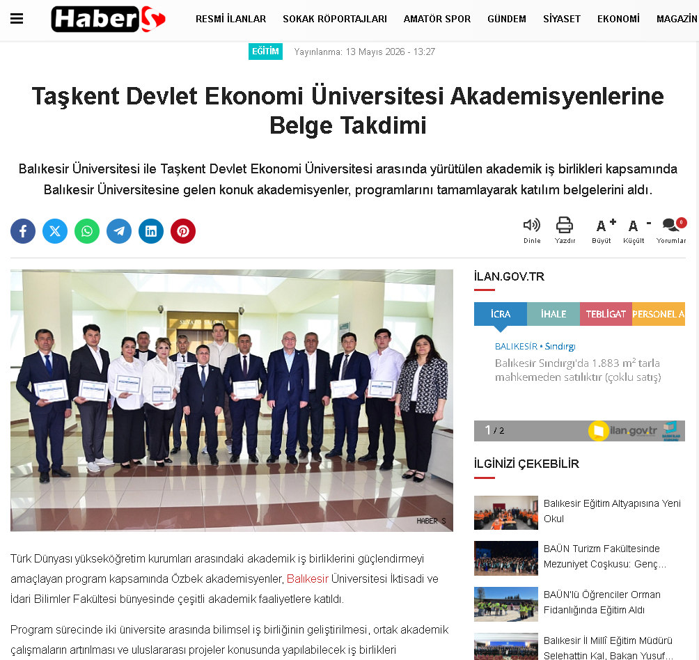 Taşkent Devlet Ekonomi Üniversitesi Akademisyenlerine Belge Takdimi