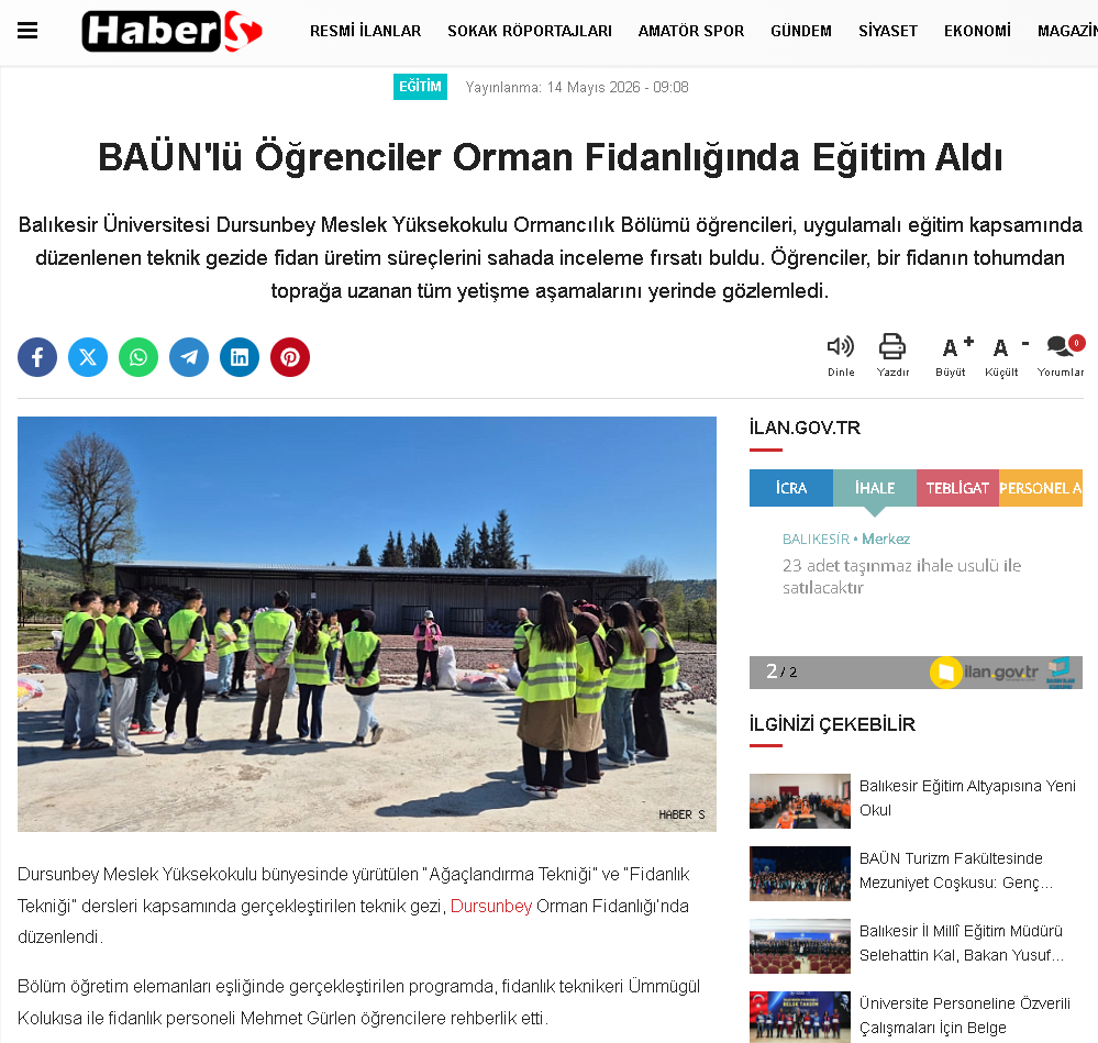 BAÜN'lü Öğrenciler Orman Fidanlığında Eğitim Aldı