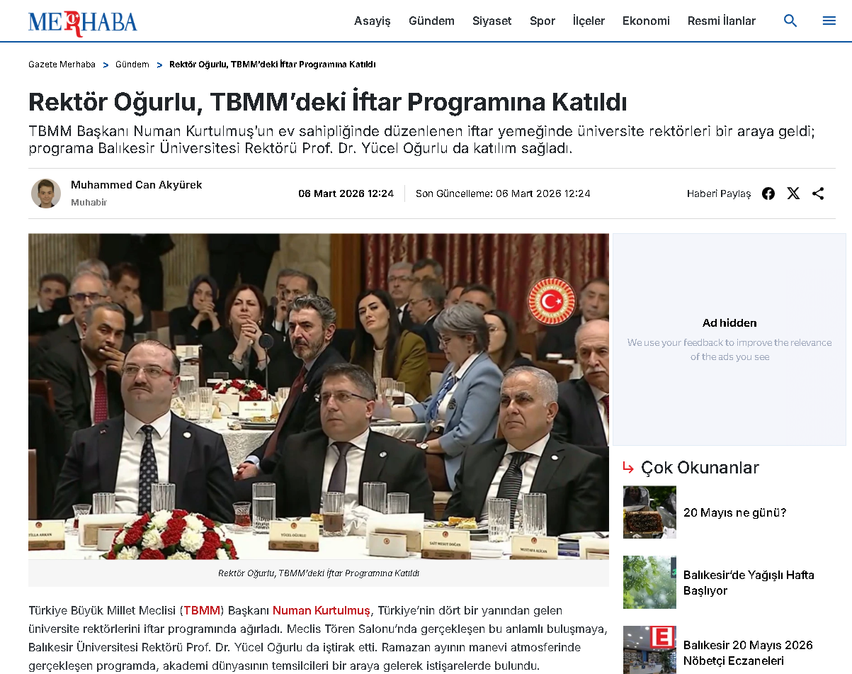 Rektör Oğurlu, TBMM’deki İftar Programına Katıldı