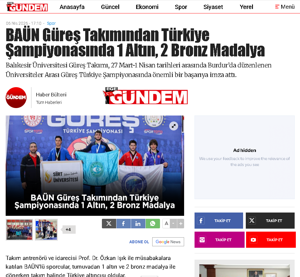 BAÜN Güreş Takımından Türkiye Şampiyonasında 1 Altın, 2 Bronz Madalya