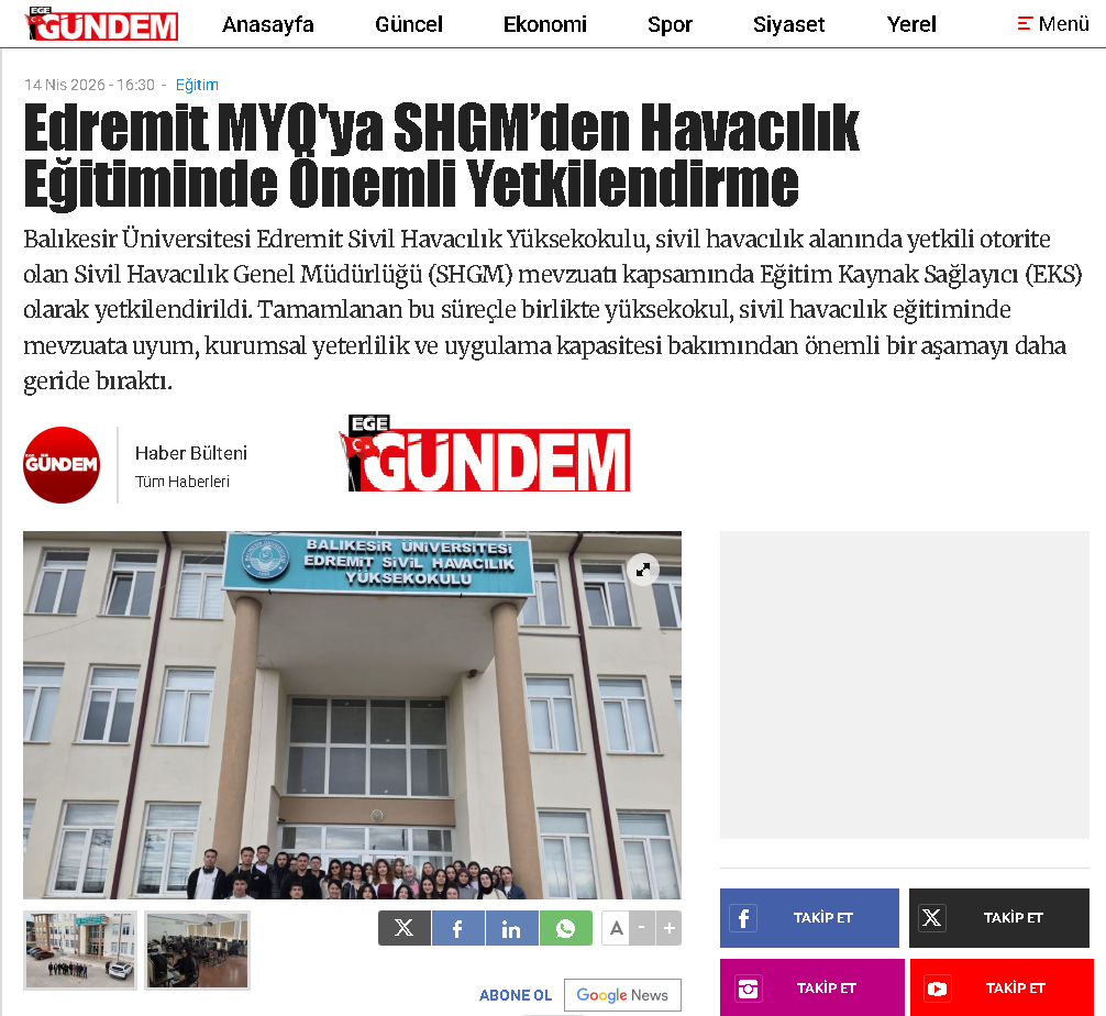 Edremit MYO'ya SHGM’den Havacılık Eğitiminde Önemli Yetkilendirme