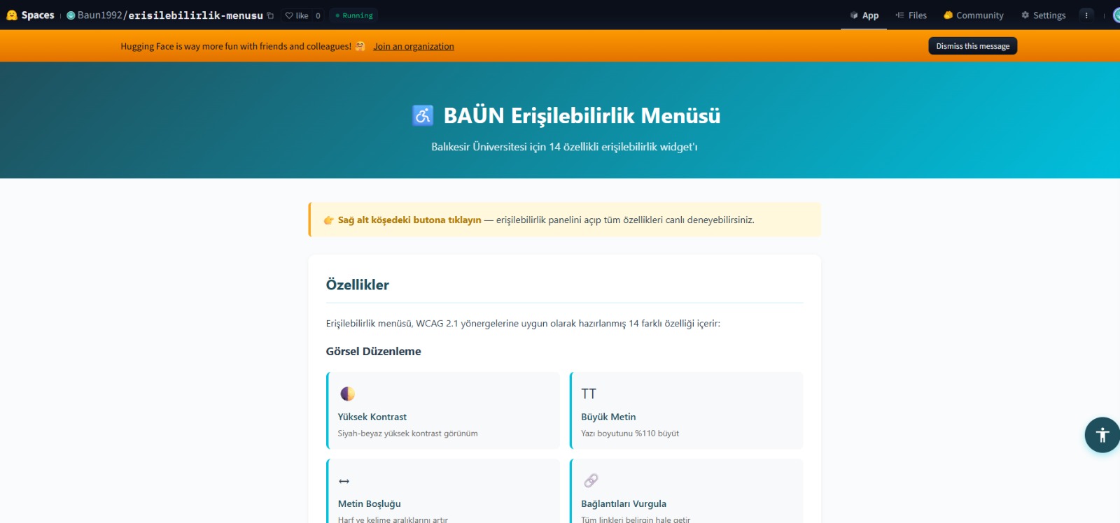 Balıkesir Üniversitesi, Hugging Face Platformuna Adım Attı: İlk Proje 14 Özellikli Erişilebilirlik Menüsü 2