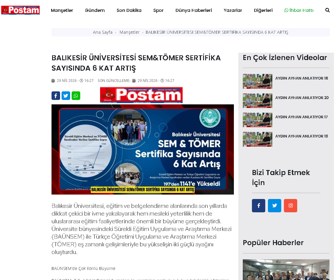 BALIKESİR ÜNİVERSİTESİ SEM&TÖMER SERTİFİKA SAYISINDA 6 KAT ARTIŞ