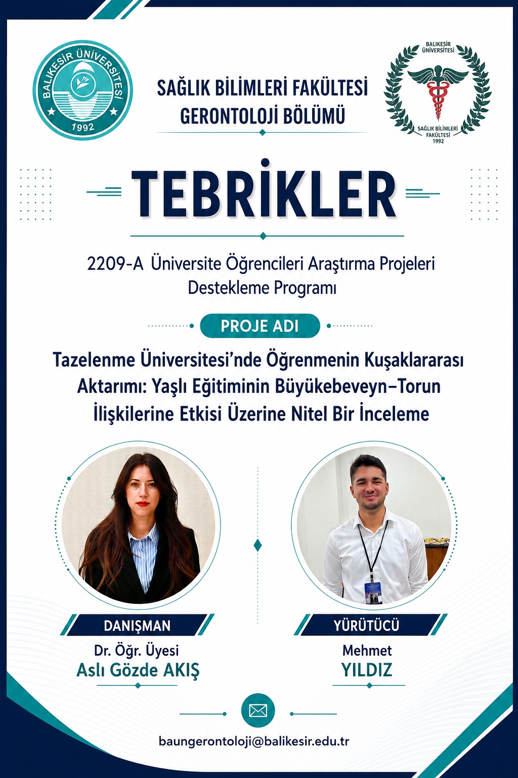 BAÜN Gerontoloji Bölümü Öğrencisinin TÜBİTAK Başarısı Gururlandırdı