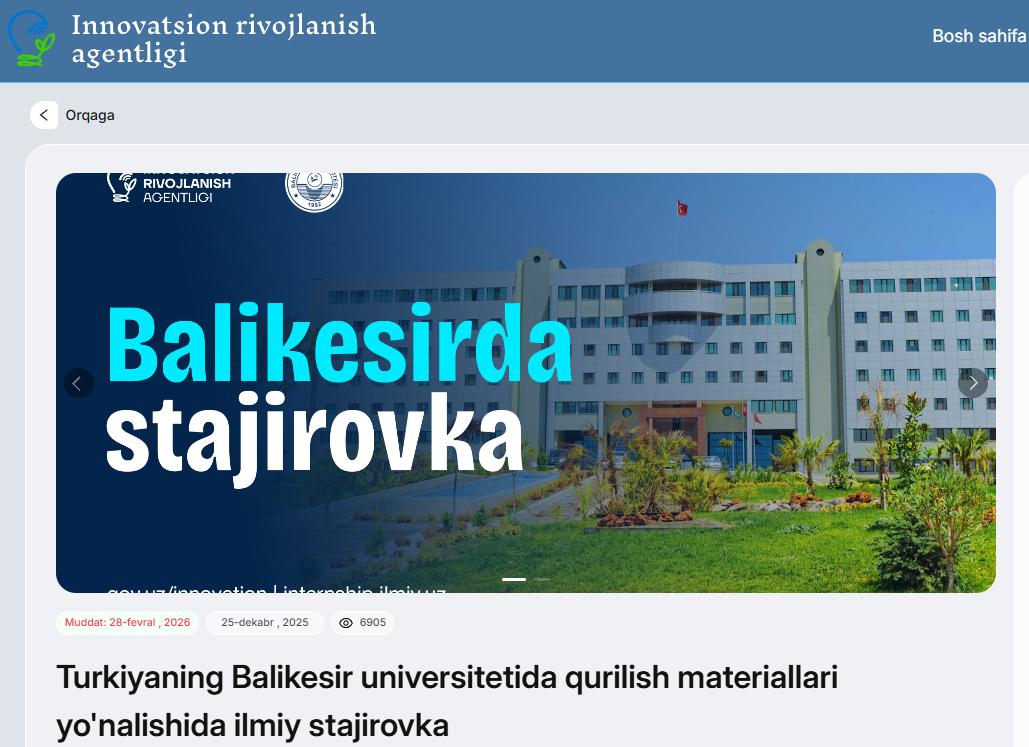 Turkiyaning Balikesir universitetida qurilish materiallari yo'nalishida ilmiy stajirovka