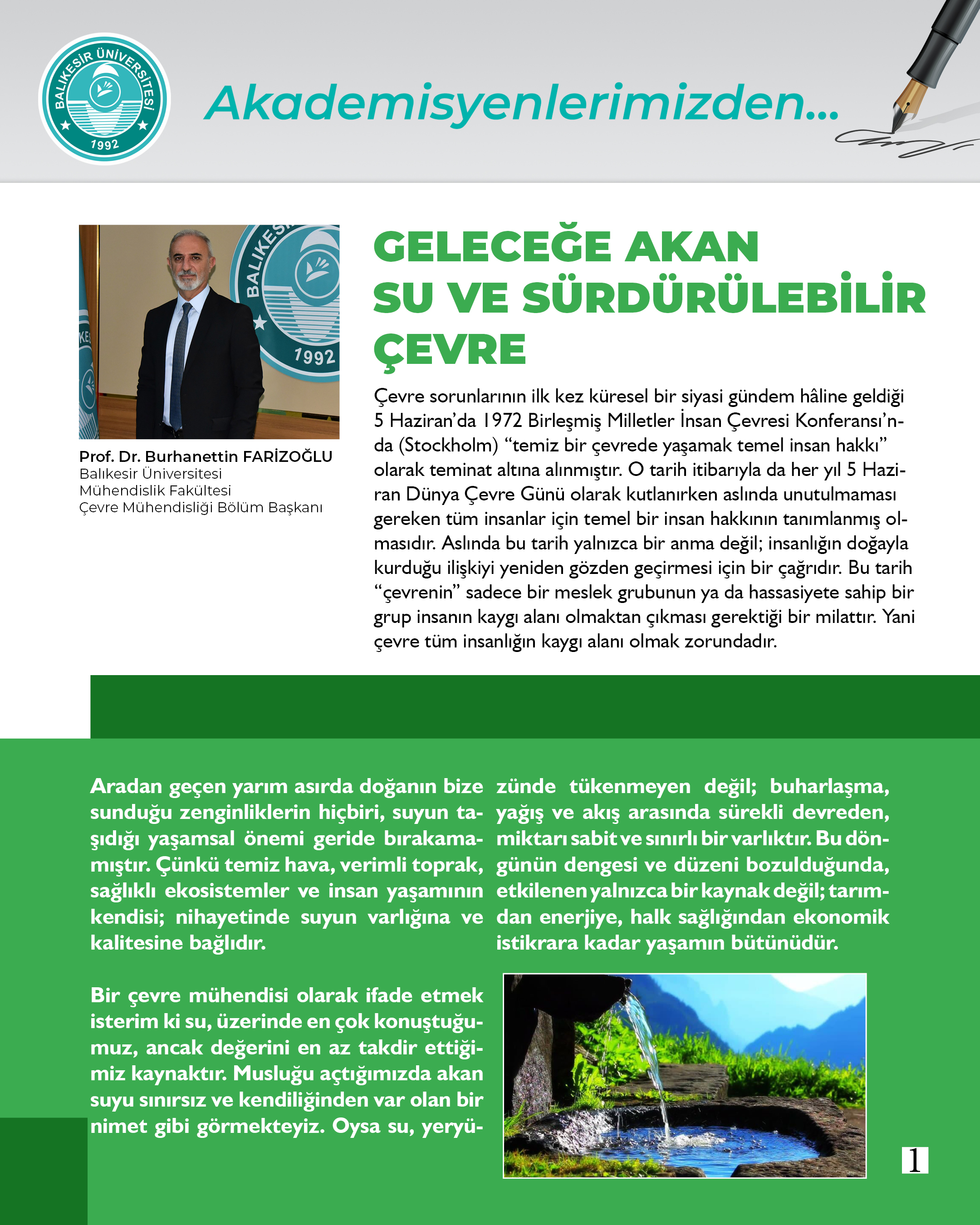Akademisyenlerimizden: Geleceğe Akan Su ve Sürdürülebilir Çevre - Prof. Dr. Burhanettin FARİZOĞLU 2