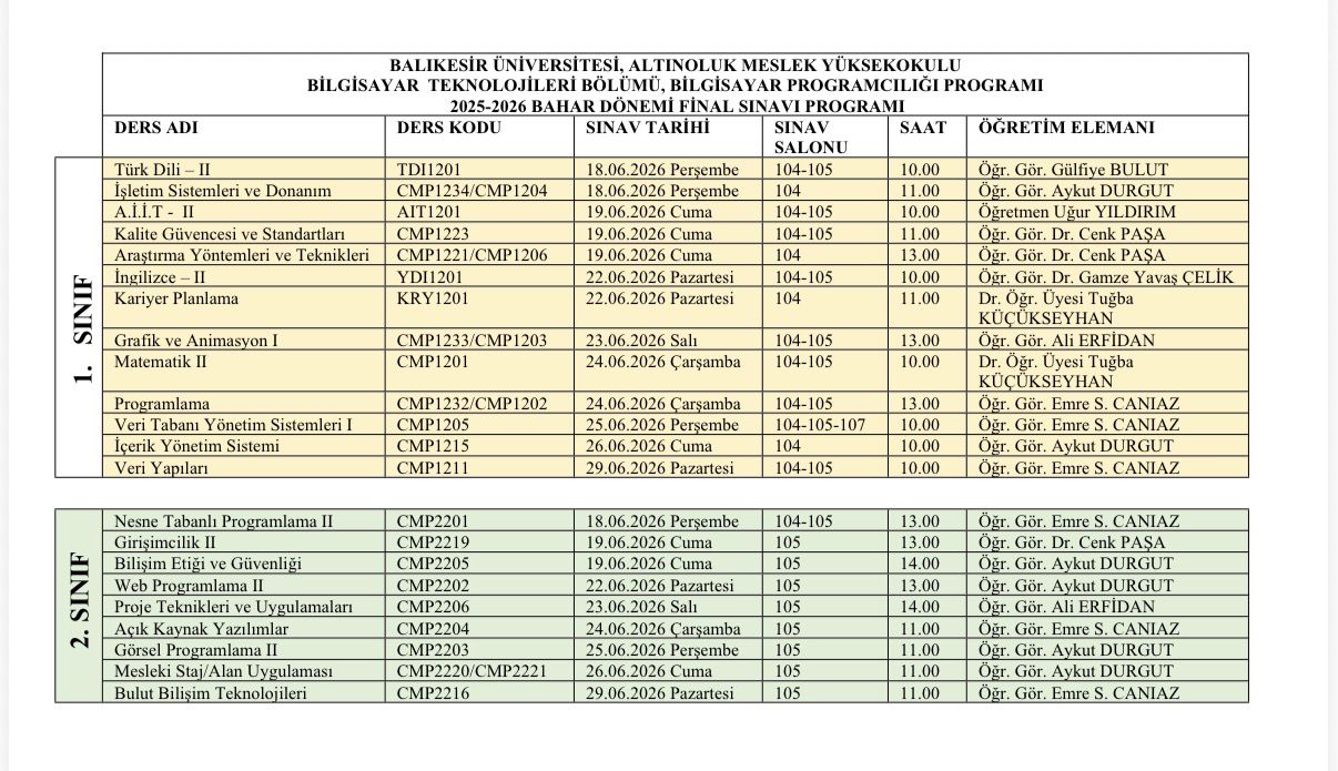 2025-2026 Eğitim-Öğretim Yılı Bahar Yarıyılı Final Sınav Programı 1