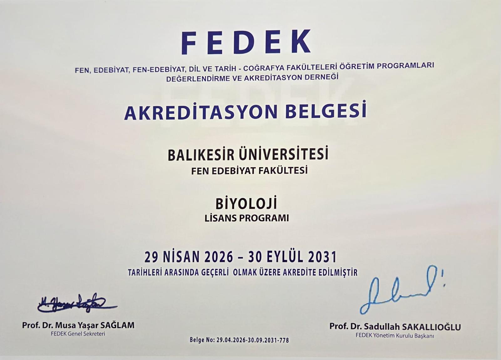 BAÜN Biyoloji Bölümünün Eğitim Kalitesi FEDEK Tarafından Tescillendi 8
