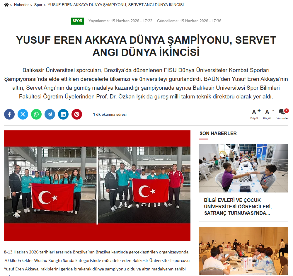 YUSUF EREN AKKAYA DÜNYA ŞAMPİYONU, SERVET ANGI DÜNYA İKİNCİSİ