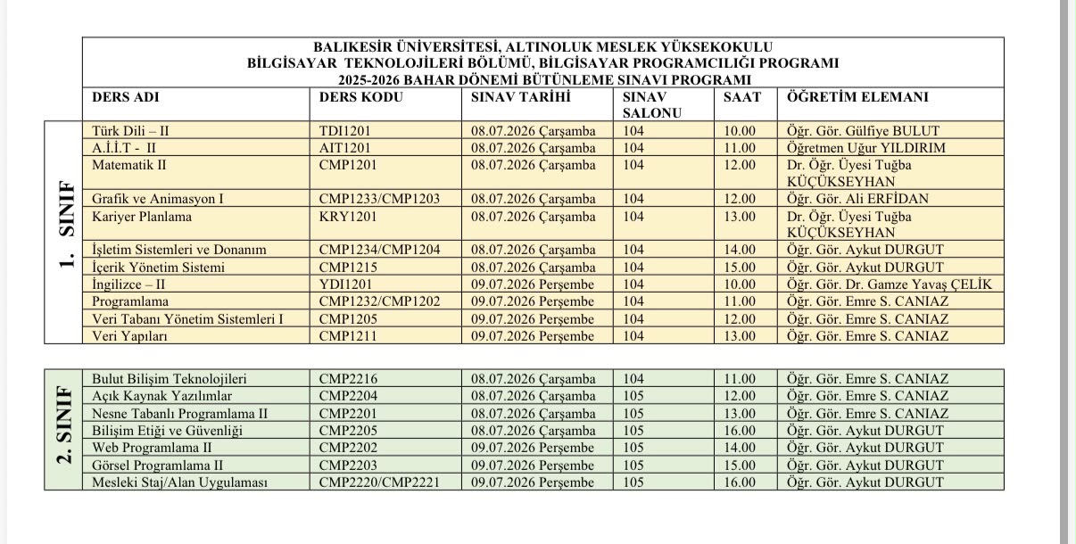 2025-2026 Eğitim-Öğretim Yılı Bahar Yarıyılı Bütünleme Sınav Programı 2