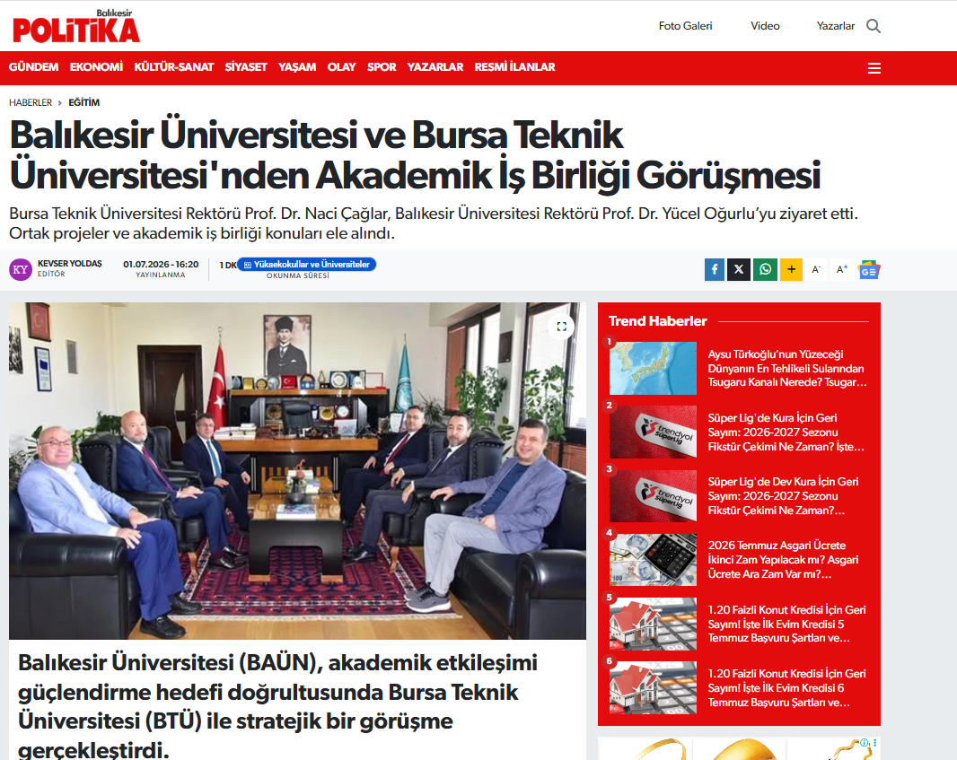 Balıkesir Üniversitesi ve Bursa Teknik Üniversitesi'nden Akademik İş Birliği Görüşmesi