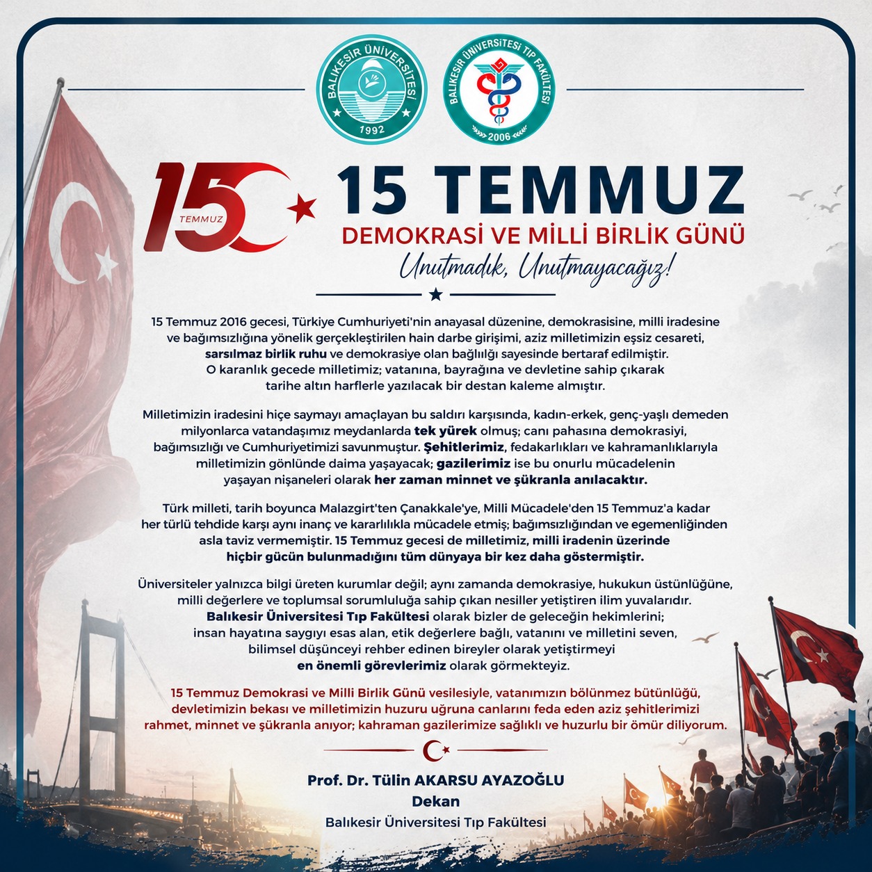 Dekanımız Prof. Dr. Tülin Akarsu Ayazoğlu’nun Mesajı