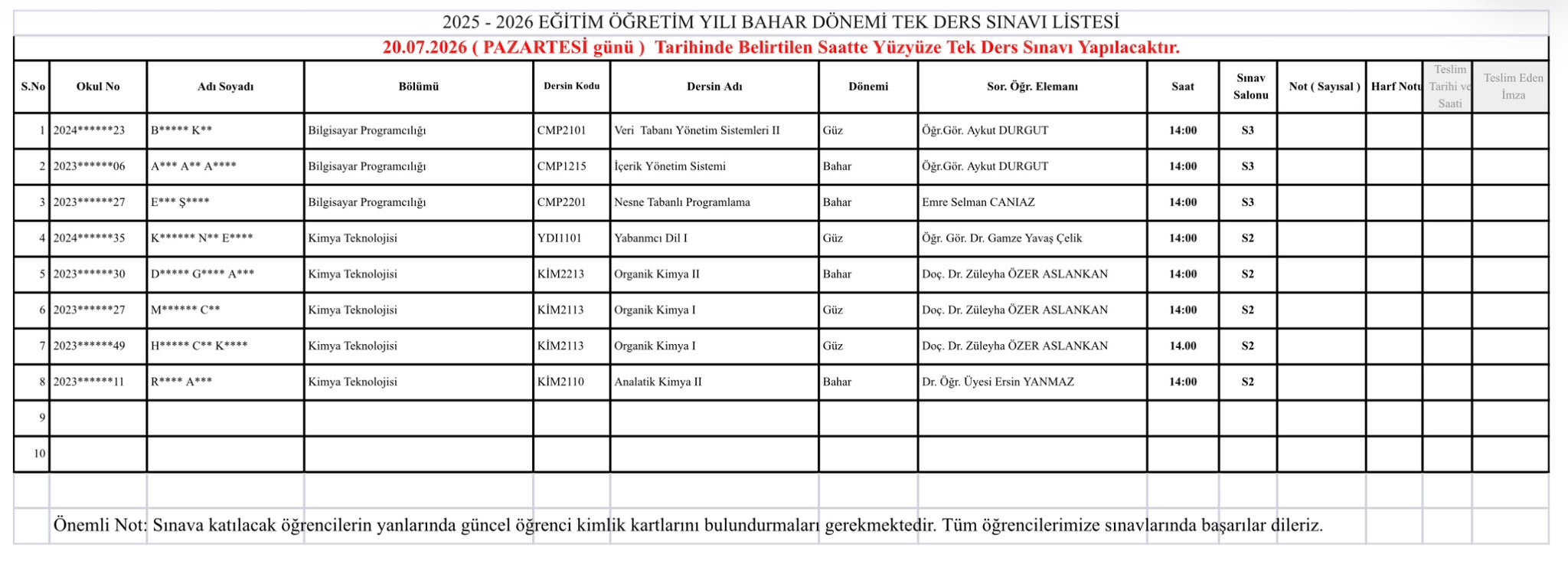 Tek Ders Sınavı 1