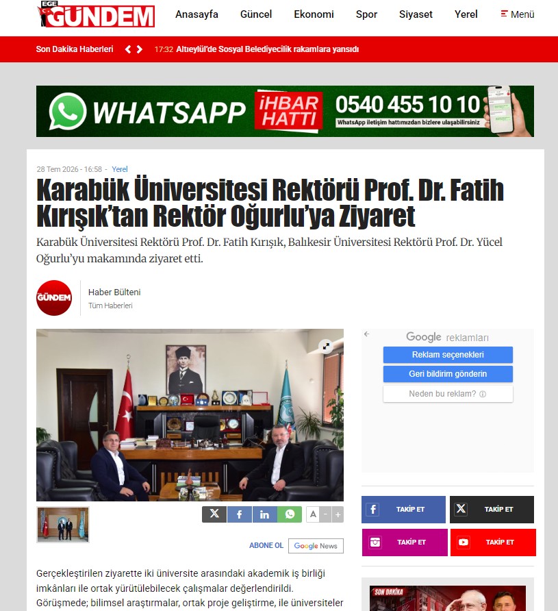Karabük Üniversitesi Rektörü Prof. Dr. Fatih Kırışık’tan Rektör Oğurlu’ya Ziyaret