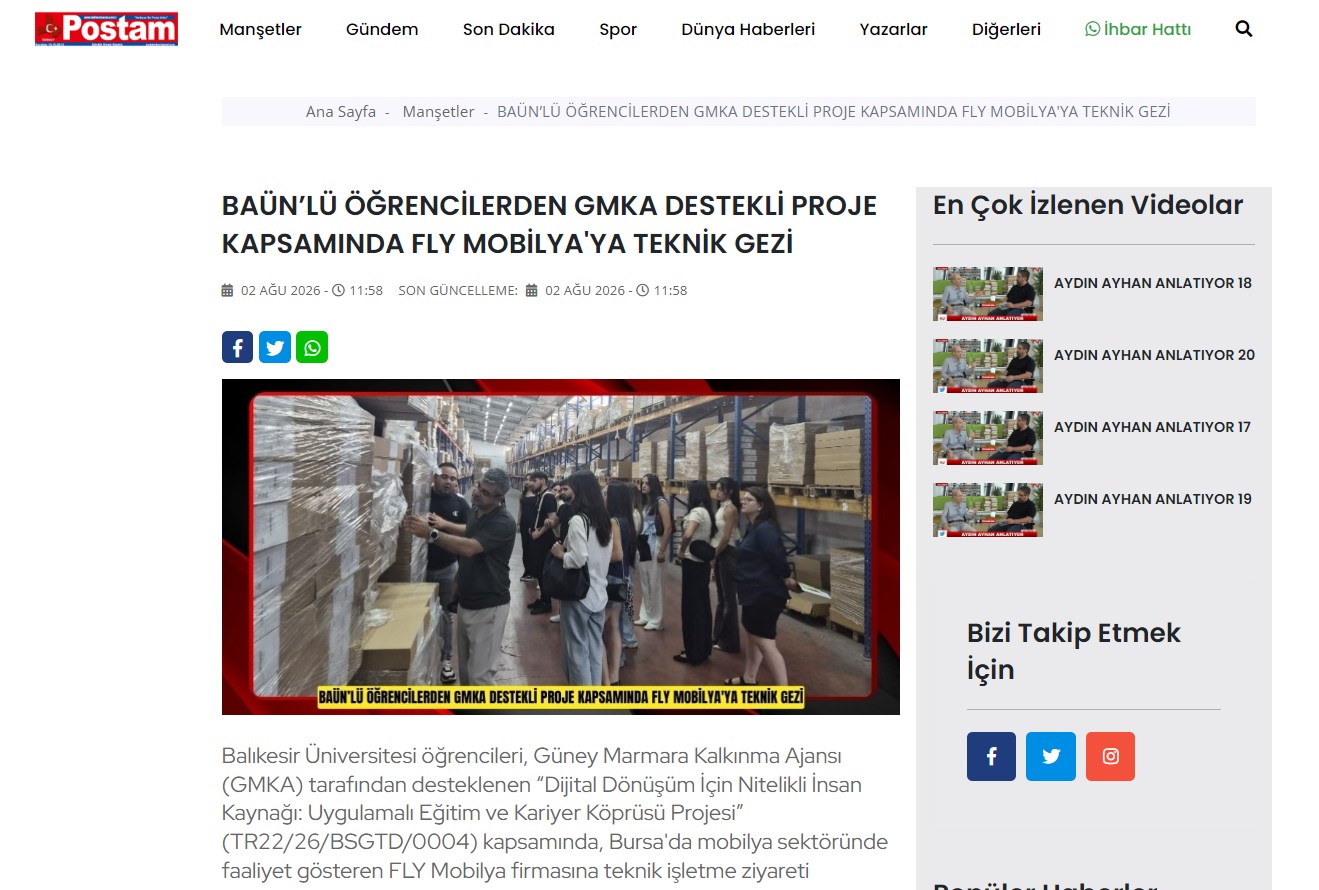 BAÜN’LÜ ÖĞRENCİLERDEN GMKA DESTEKLİ PROJE KAPSAMINDA FLY MOBİLYA'YA TEKNİK GEZİ