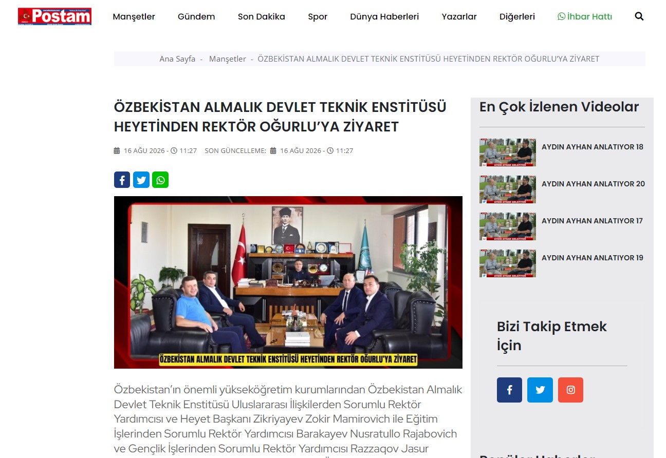 ÖZBEKİSTAN ALMALIK DEVLET TEKNİK ENSTİTÜSÜ HEYETİNDEN REKTÖR OĞURLU’YA ZİYARET