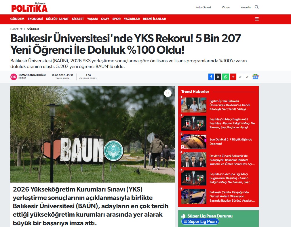 Balıkesir Üniversitesi'nde YKS Rekoru! 5 Bin 207 Yeni Öğrenci İle Doluluk %100 Oldu!