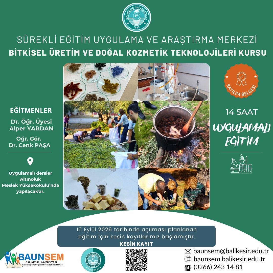 Bitkisel Üretim ve Doğal Kozmetik Teknolojileri Kursu Başlıyor