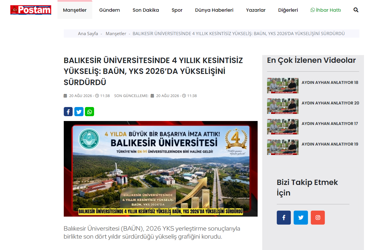 BALIKESİR ÜNİVERSİTESİNDE 4 YILLIK KESİNTİSİZ YÜKSELİŞ: BAÜN, YKS 2026’DA YÜKSELİŞİNİ SÜRDÜRDÜ
