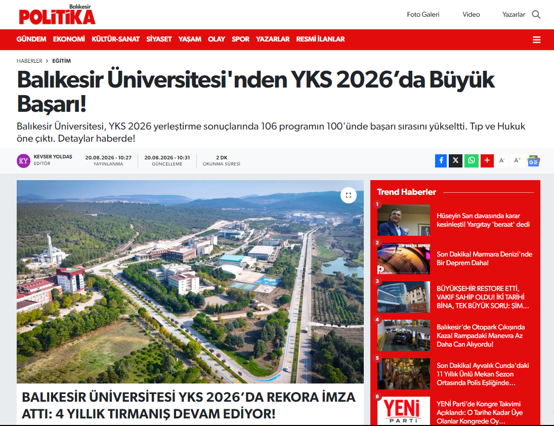 Balıkesir Üniversitesi'nden YKS 2026’da Büyük Başarı!