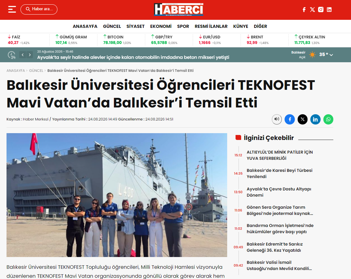Balıkesir Üniversitesi Öğrencileri TEKNOFEST Mavi Vatan’da Balıkesir’i Temsil Etti