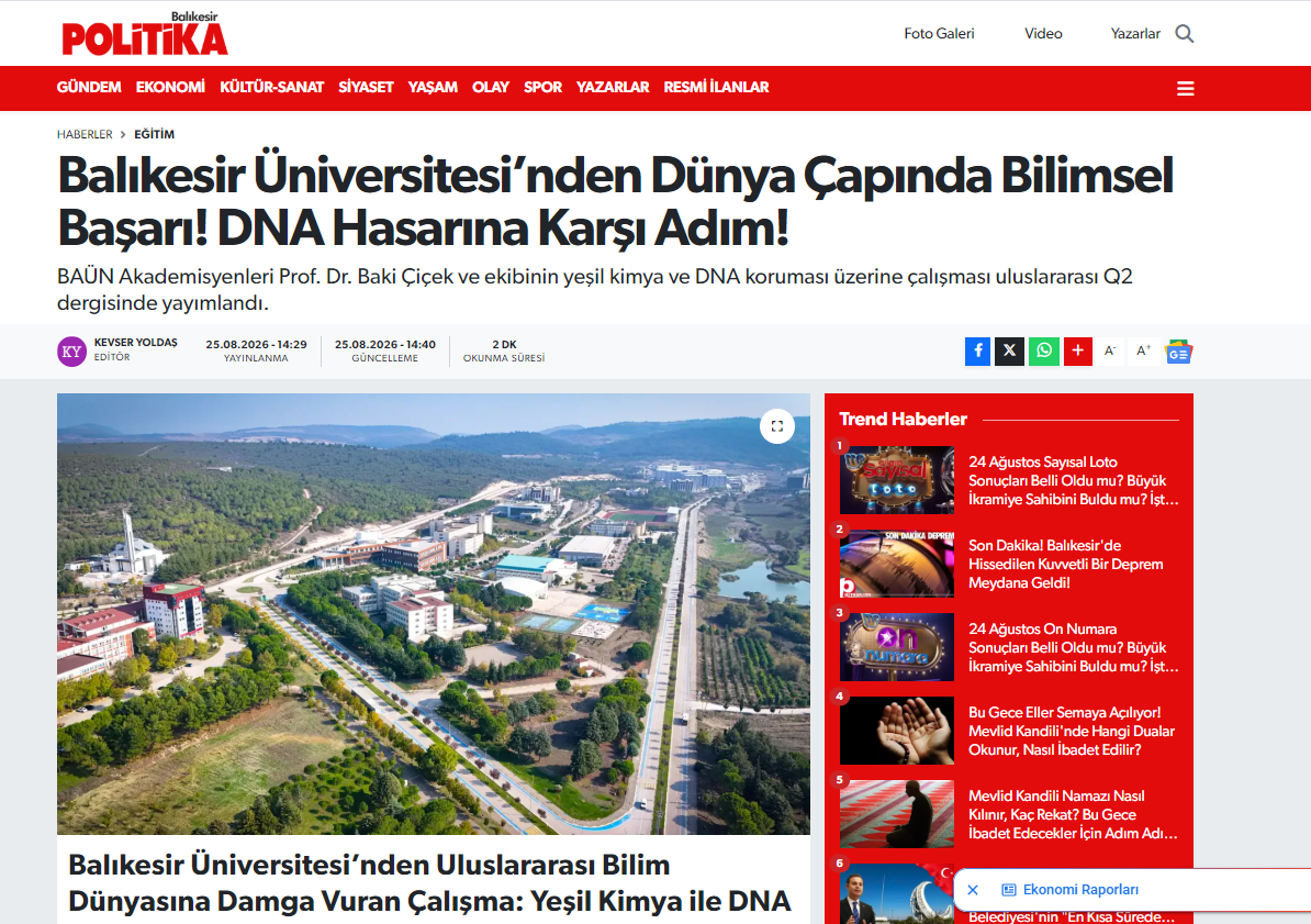 Balıkesir Üniversitesi’nden Dünya Çapında Bilimsel Başarı! DNA Hasarına Karşı Adım!