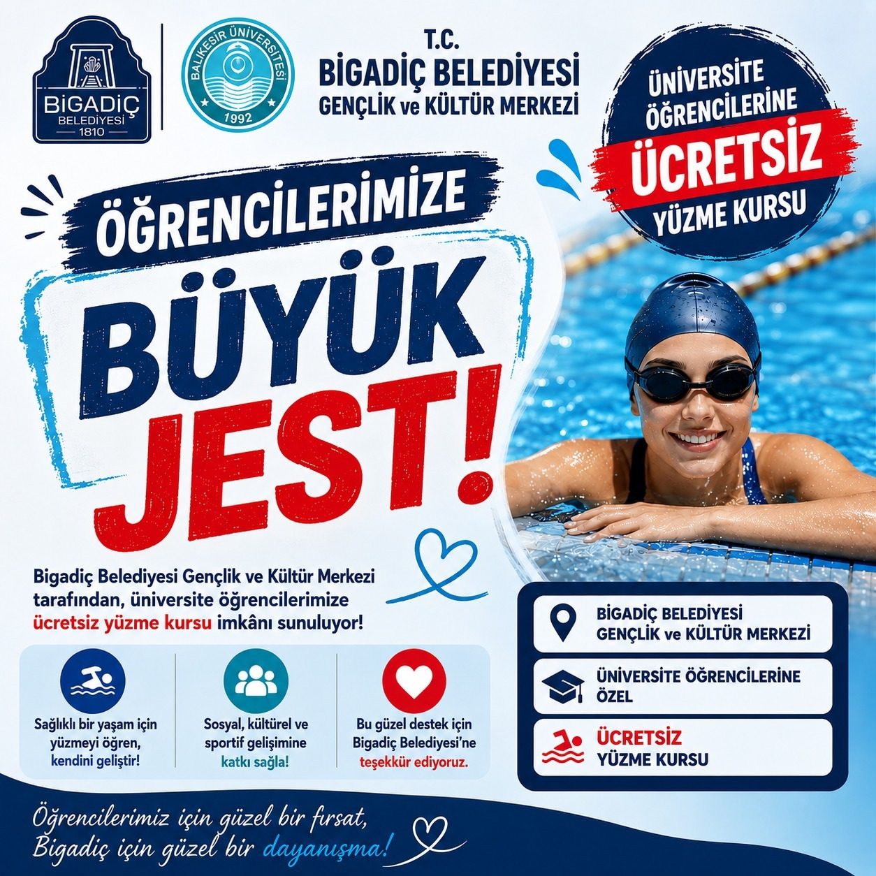 Bigadiç Belediyesi Gençlik ve Kültür Merkezi Tarafından Üniversite Öğrencilerimize Yüzme Kursu İmkanı Sunuluyor