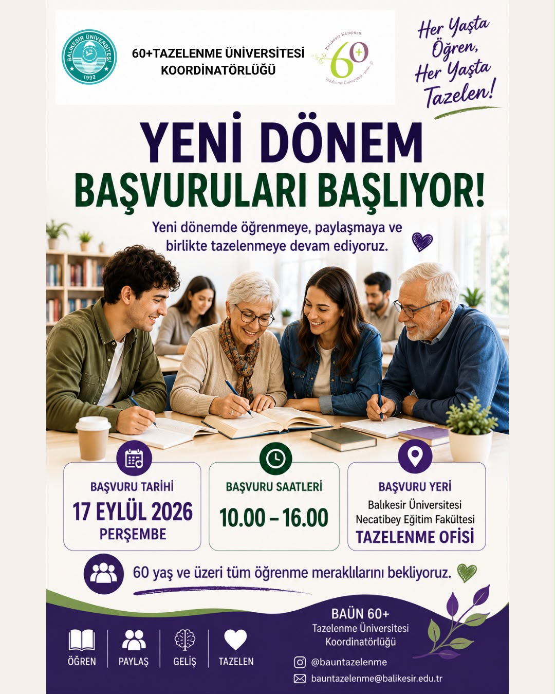 BAÜN 60+ Tazelenme Üniversitesi’nde Yeni Dönem Başvuruları Başlıyor