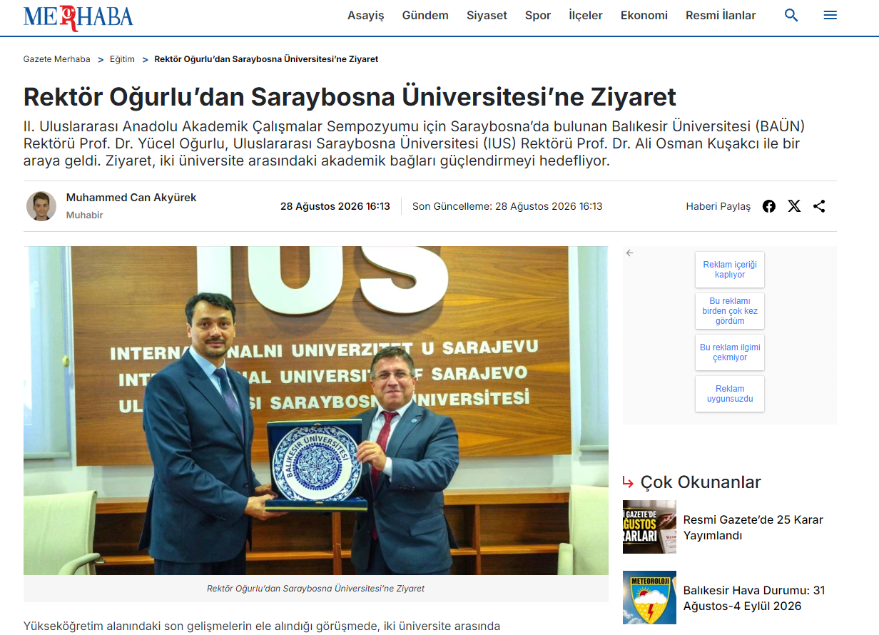 Rektör Oğurlu’dan Saraybosna Üniversitesi’ne Ziyaret