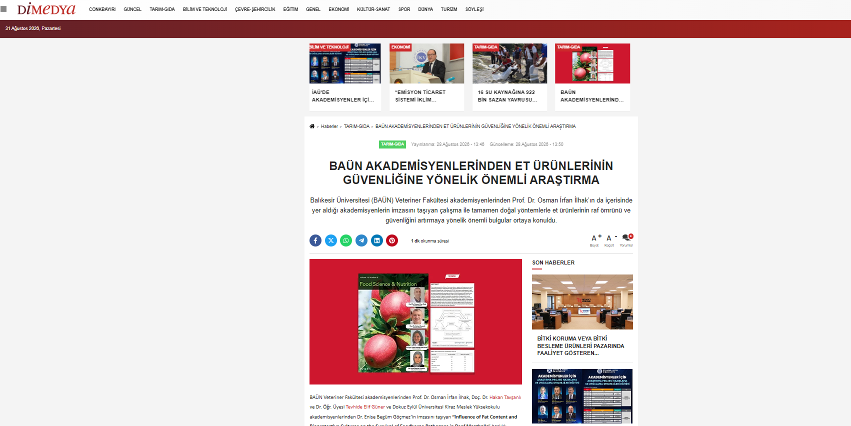 Baün Akademisyenlerinden Et Ürünlerinin Güvenliğine Yönelik Önemli Araştırma