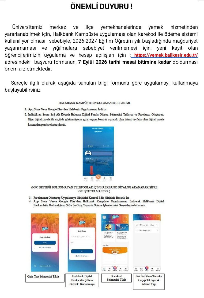 Önemli Duyuru ! Öğrenci Yemek Hizmeti