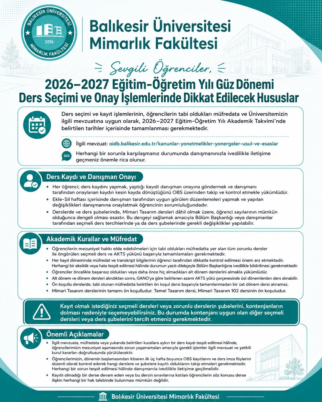 2026–2027 Eğitim-Öğretim Yılı Güz Dönemi Ders Seçimi ve Onay İşlemlerinde Dikkat Edilecek Hususlar 1
