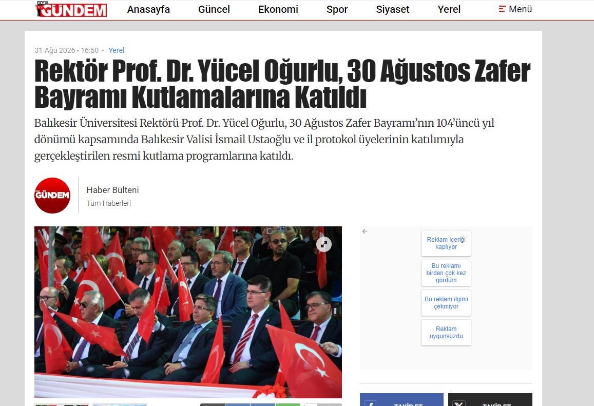 Rektör Prof. Dr. Yücel Oğurlu, 30 Ağustos Zafer Bayramı Kutlamalarına Katıldı