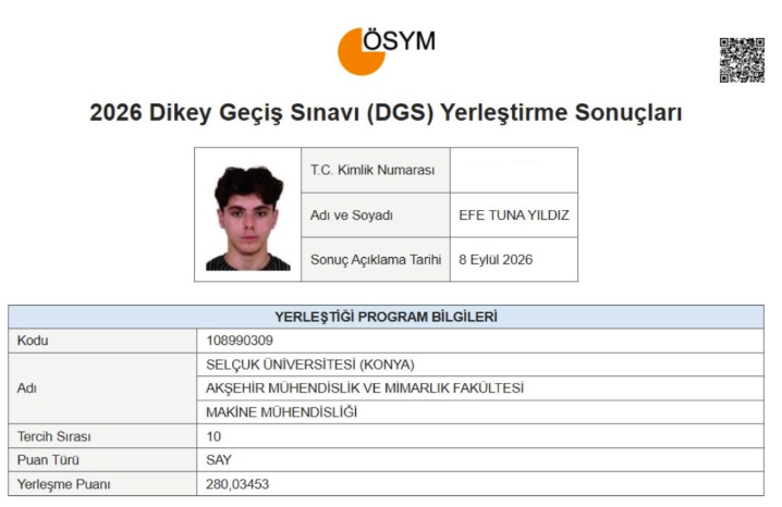 ÖĞRENCİMİZ EFE TUNA YILDIZ’DAN DGS BAŞARISI