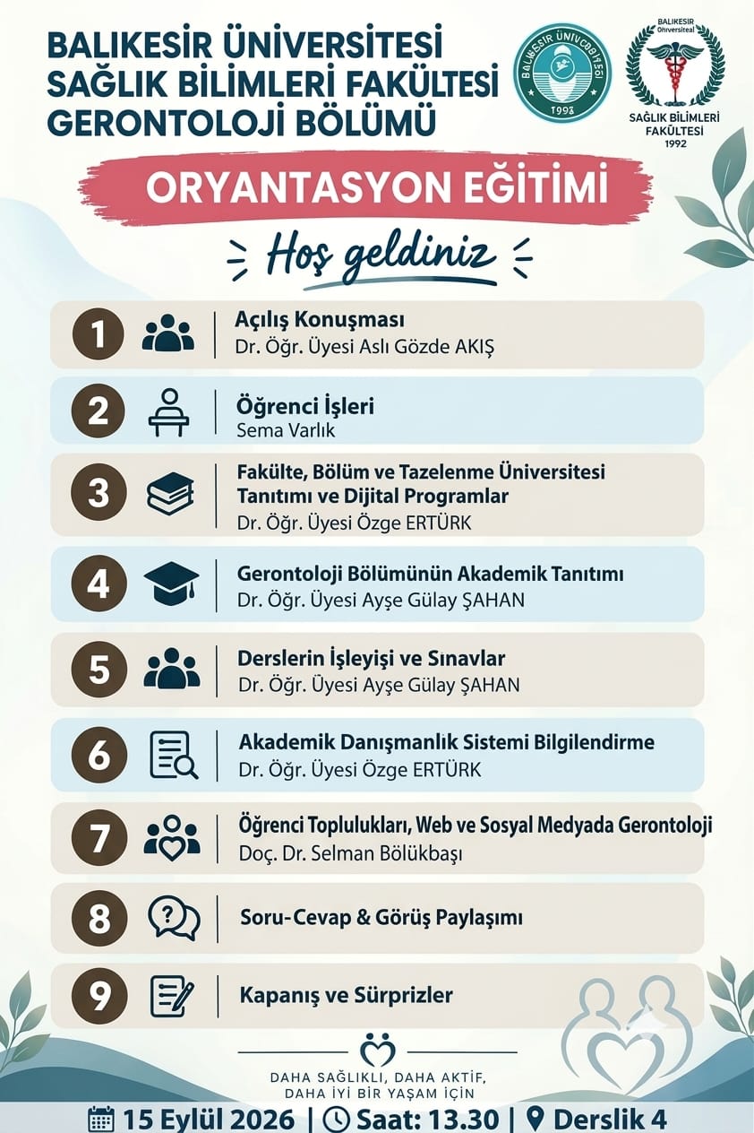 Gerontoloji Bölümü Öğrencilerine Yönelik Oryantasyon Eğitimi Gerçekleştirilecek