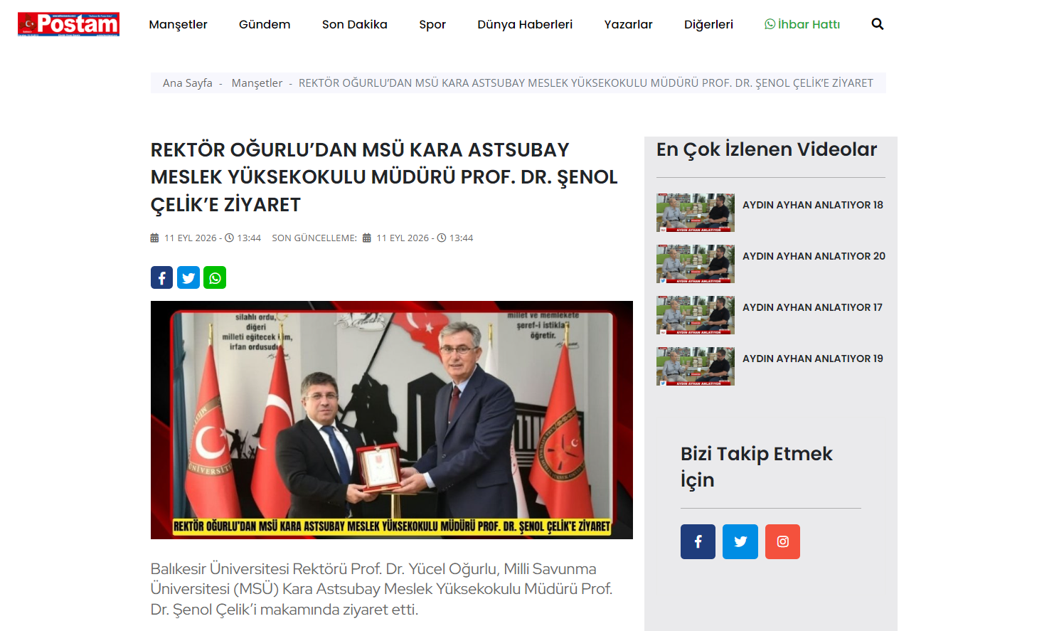 Rektör Oğurlu’dan Msü Kara Astsubay Meslek Yüksekokulu Müdürü Prof. Dr. Şenol Çelik’e Ziyaret