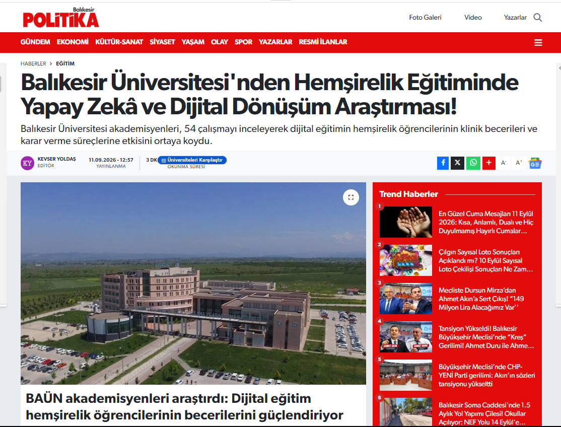 Balıkesir Üniversitesi'nden Hemşirelik Eğitiminde Yapay Zekâ ve Dijital Dönüşüm Araştırması!