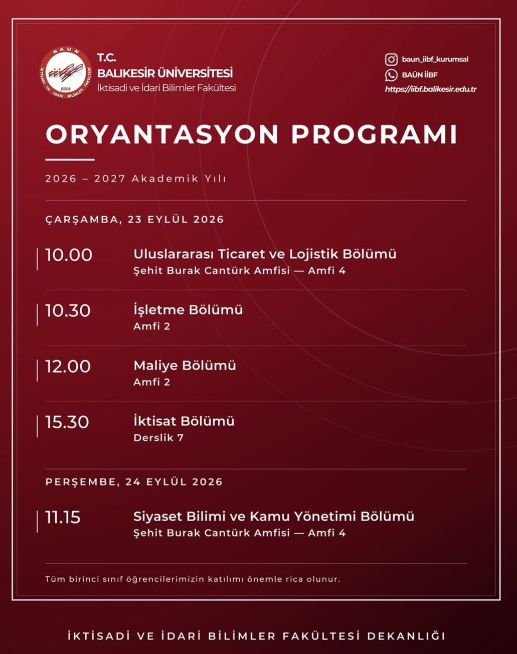 Bölümümüz 2026–2027 Akademik Yılı Oryantasyon Programı