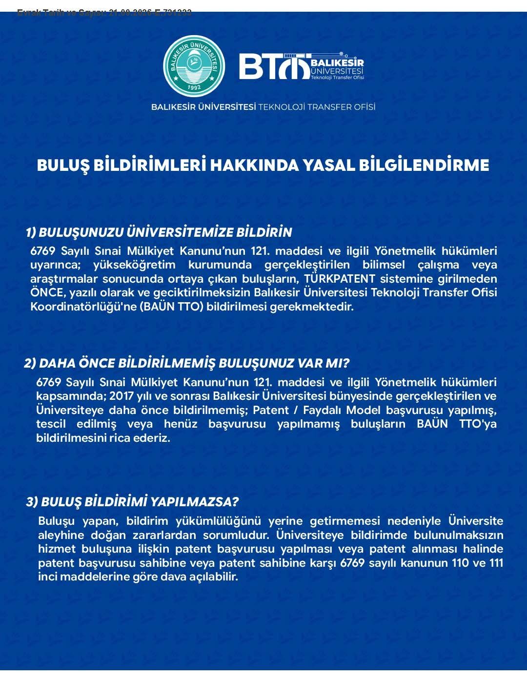 Buluş Bildirimleri Hakkında Yasal Bilgilendirme 1