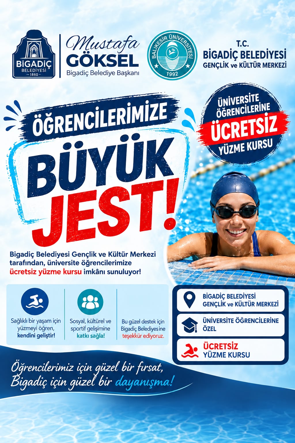 Bigadiç Belediyesi Gençlik ve Kültür Merkezi Tarafından Üniversite Öğrencilerimize Yüzme Kursu İmkanı Sunuluyor