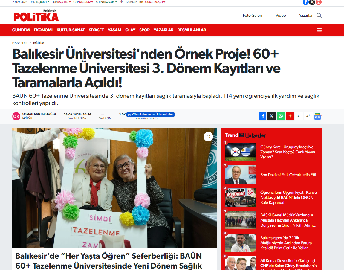 Balıkesir Üniversitesi'nden Örnek Proje! 60+ Tazelenme Üniversitesi 3. Dönem Kayıtları ve Taramalarla Açıldı!