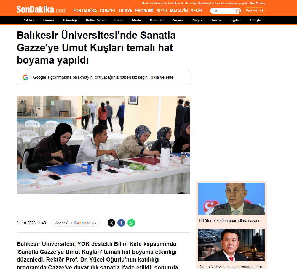 Balıkesir Üniversitesi'nde Sanatla Gazze'ye Umut Kuşları temalı hat boyama yapıldı
