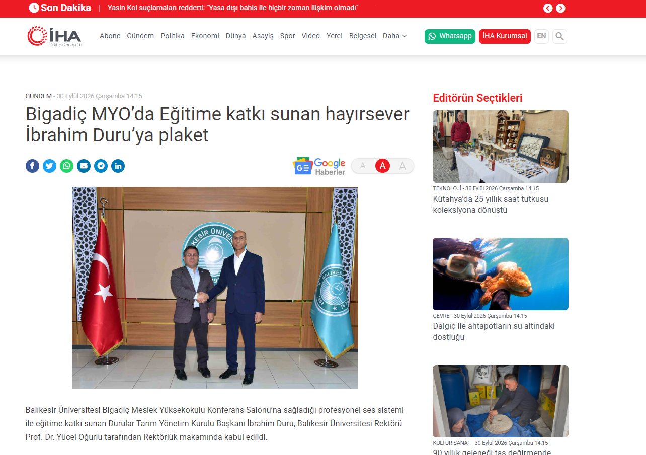 Bigadiç MYO’da Eğitime katkı sunan hayırsever İbrahim Duru’ya plaket