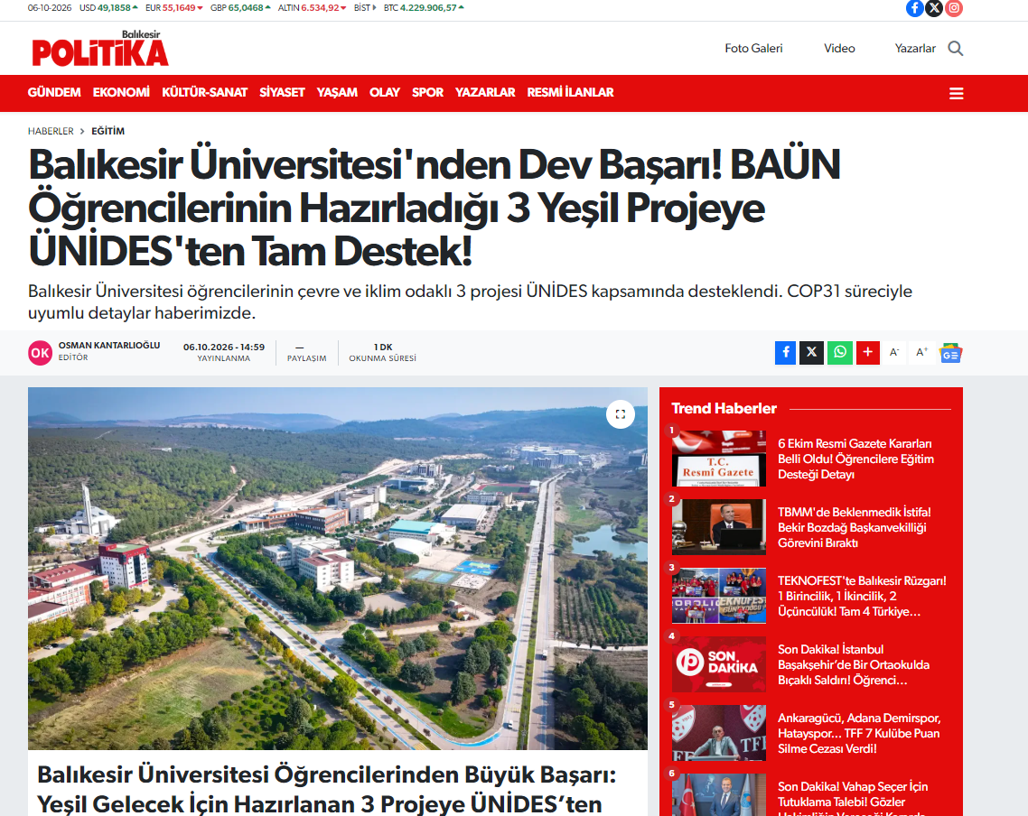 Balıkesir Üniversitesi'nden Dev Başarı! BAÜN Öğrencilerinin Hazırladığı 3 Yeşil Projeye ÜNİDES'ten Tam Destek!