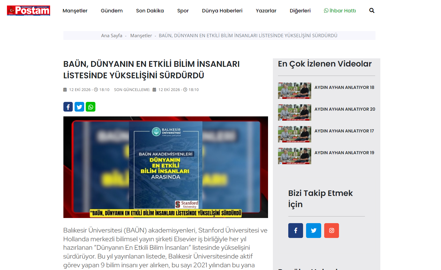 Baün, Dünyanın En Etkili Bilim İnsanları Listesinde Yükselişini Sürdürdü