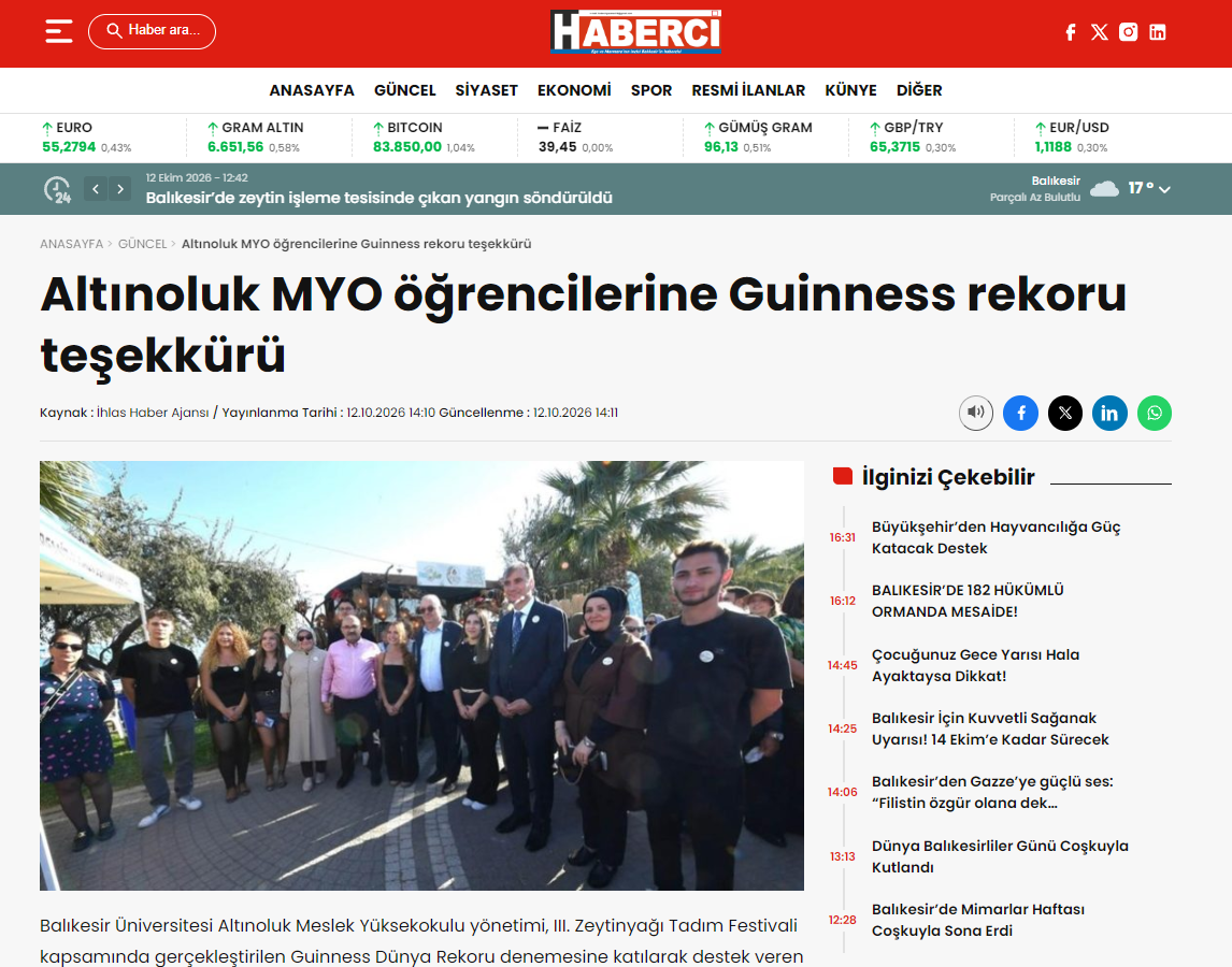 Altınoluk MYO öğrencilerine Guinness rekoru teşekkürü